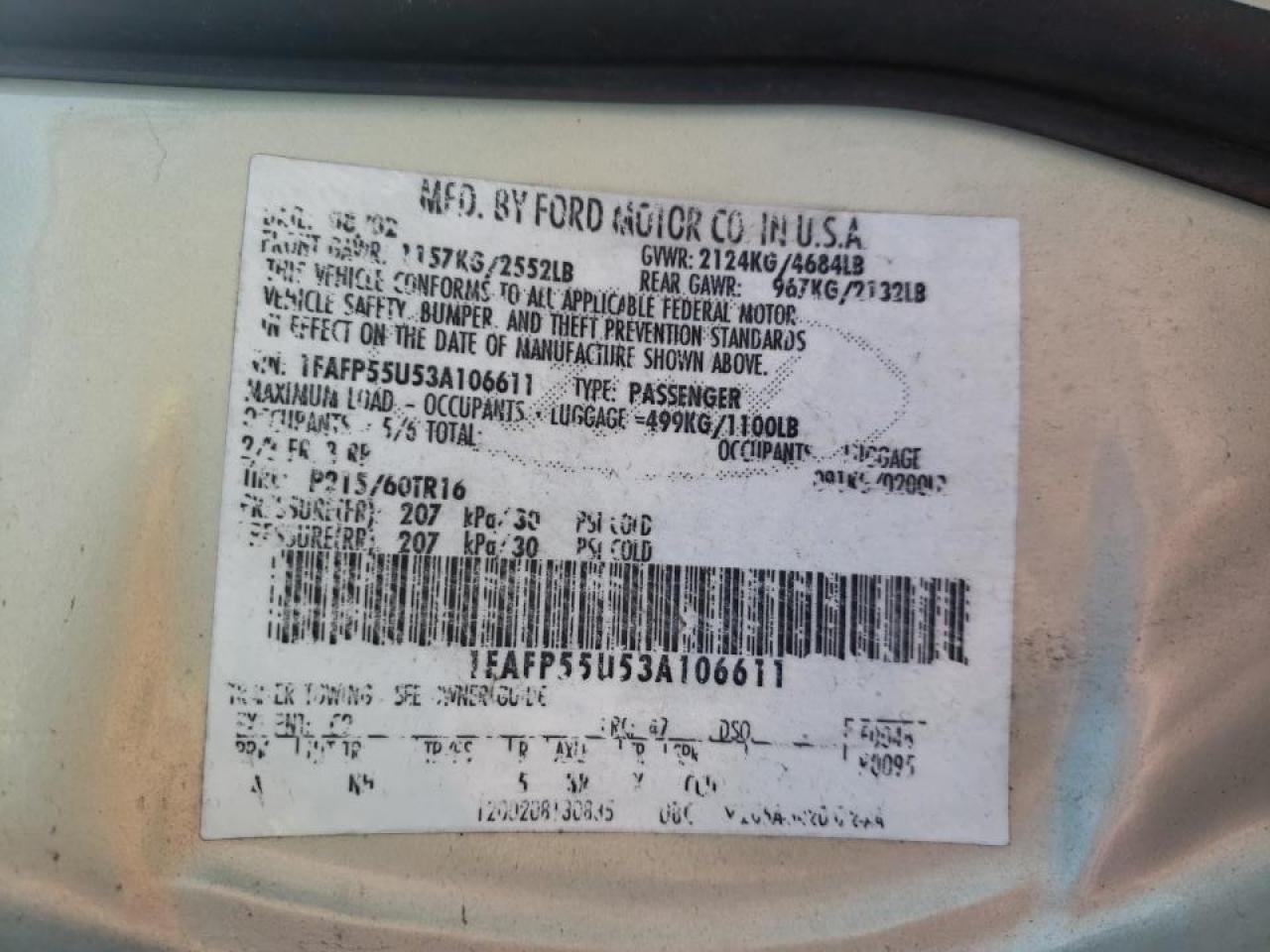 Photo 10 from auction – 2003 FORD TAURUS SES with VIN 1FAFP55U53A106611