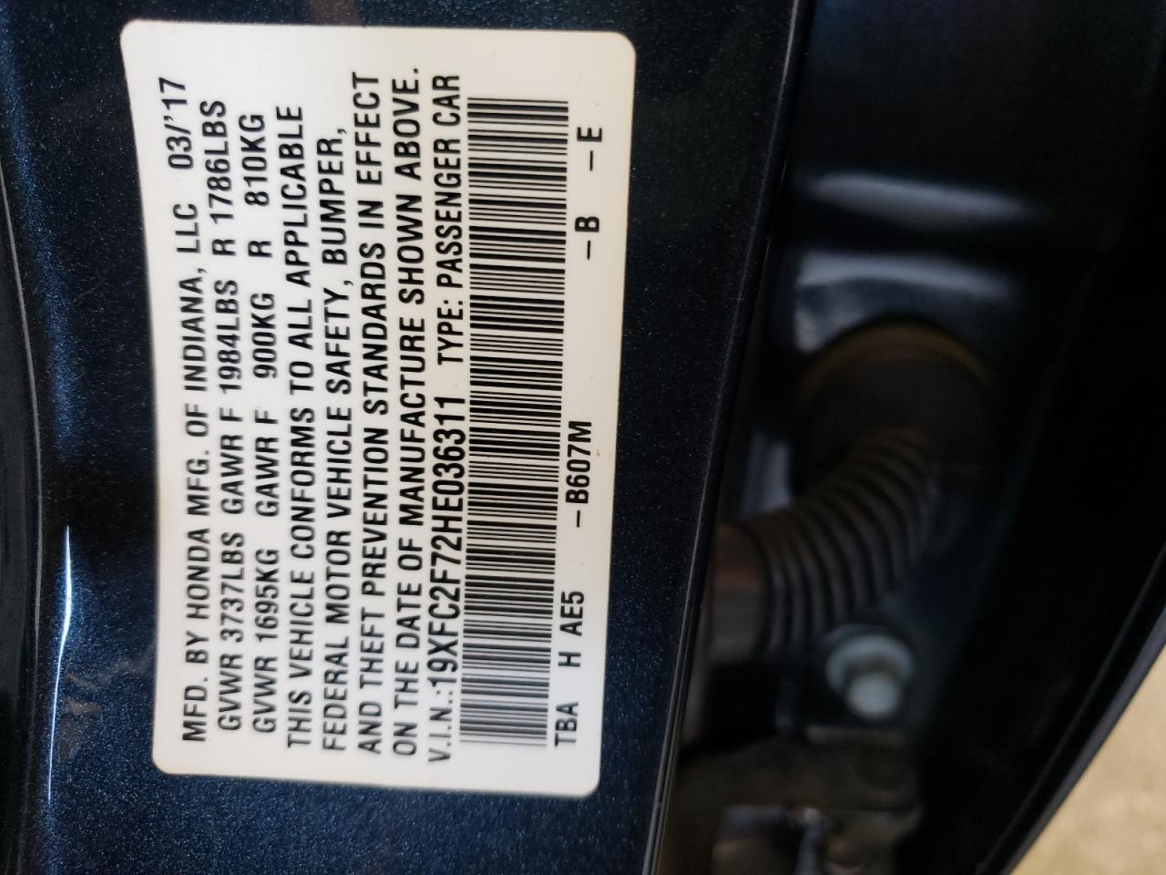 Photo 10 from auction – 2017 HONDA CIVIC EX with VIN 19XFC2F72HE036311