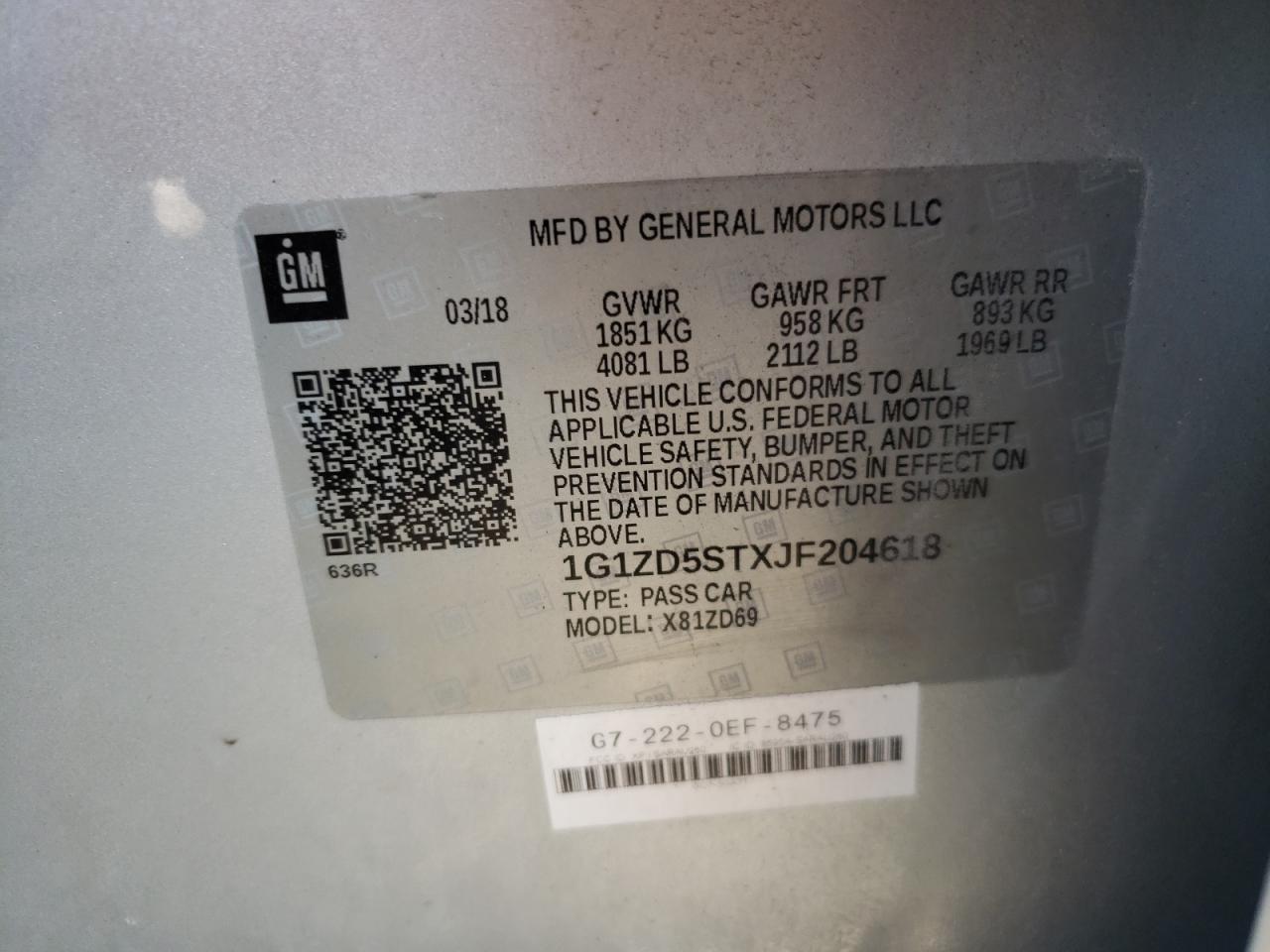 Photo 10 from auction – 2018 CHEVROLET MALIBU LT with VIN 1G1ZD5STXJF204618