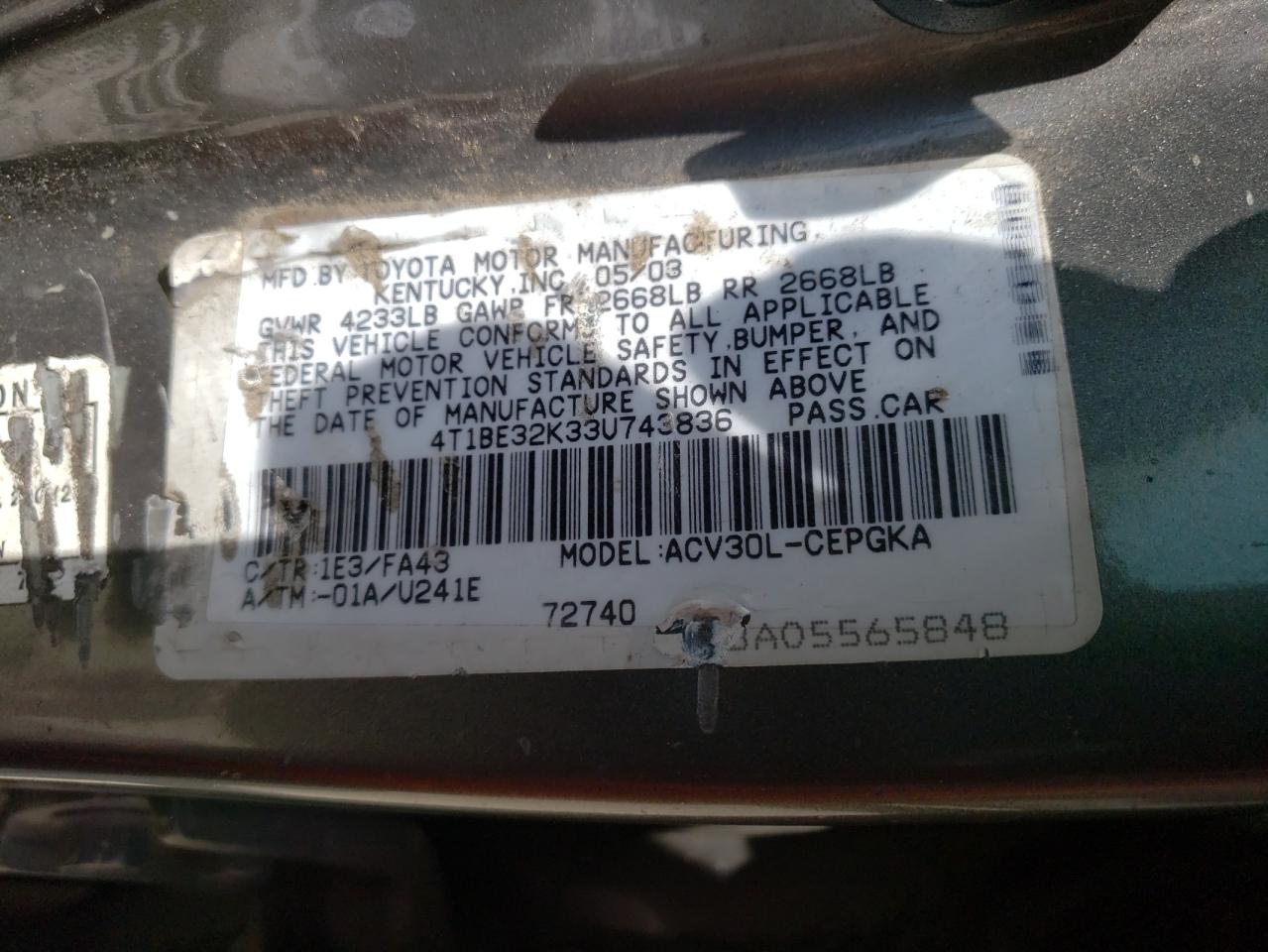 Photo 10 from auction – 2003 TOYOTA CAMRY LE with VIN 4T1BE32K33U743836