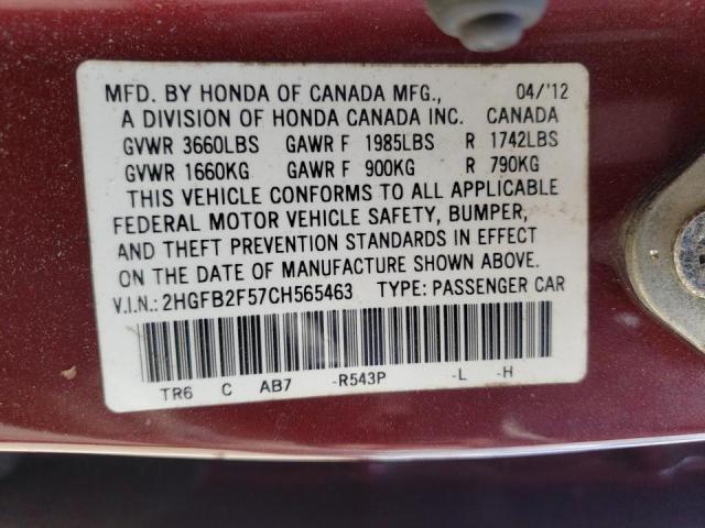 Photo 10 from auction – 2012 HONDA CIVIC LX with VIN 2HGFB2F57CH565463