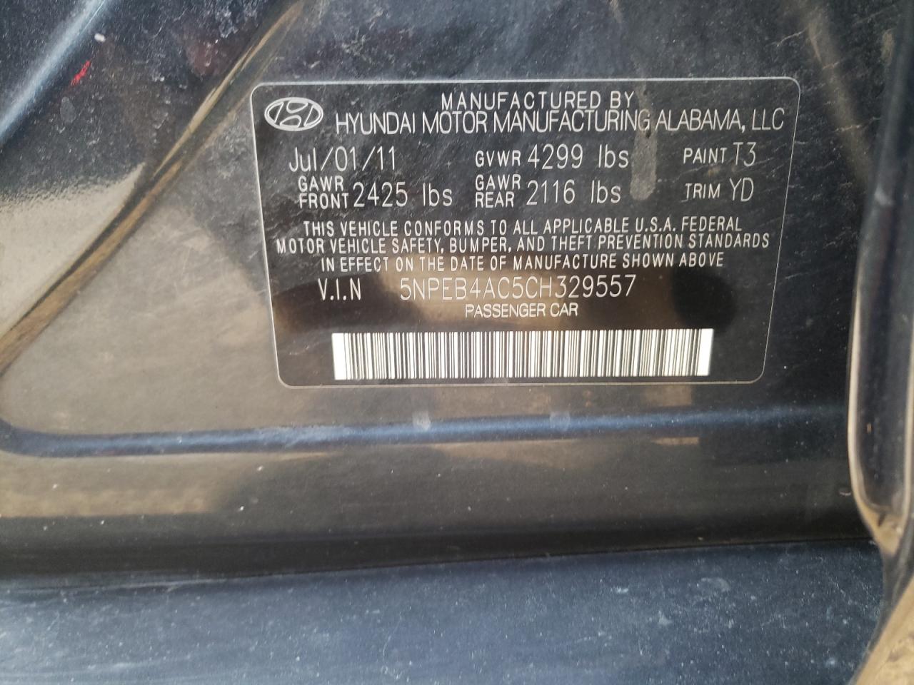 Photo 10 from auction – 2012 HYUNDAI SONATA GLS with VIN 5NPEB4AC5CH329557