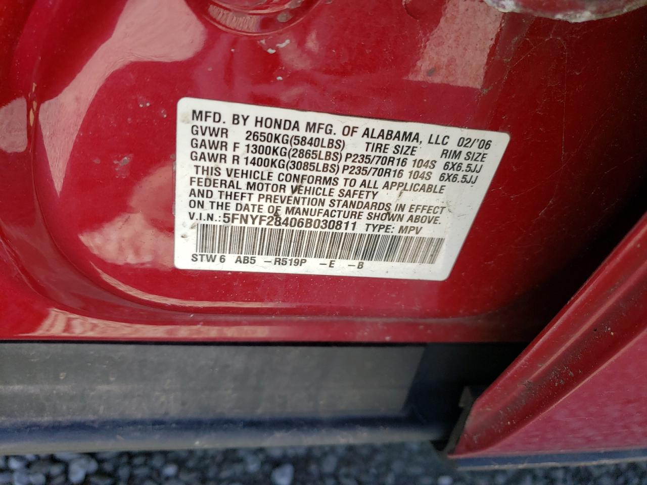 Photo 10 from auction – 2006 HONDA PILOT EX with VIN 5FNYF28406B030811