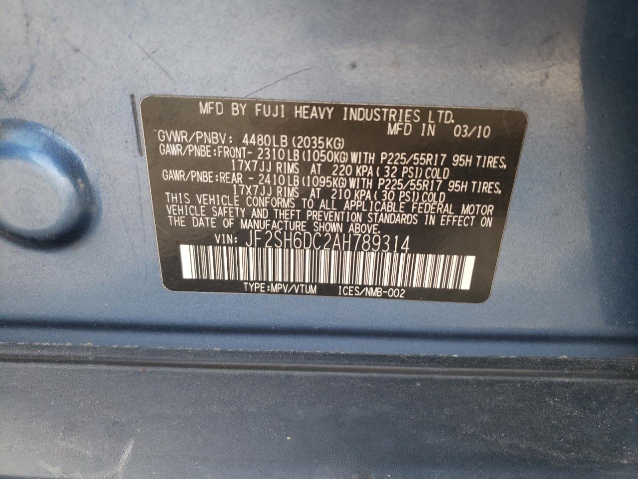 Photo 10 from auction – 2010 SUBARU FORESTER 2 with VIN JF2SH6DC2AH789314