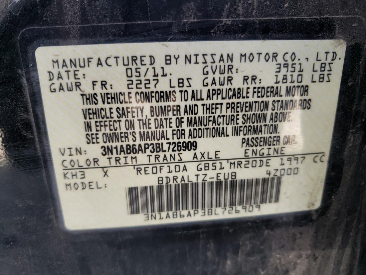 Photo 10 from auction – 2011 NISSAN SENTRA 2.0 with VIN 3N1AB6AP3BL726909