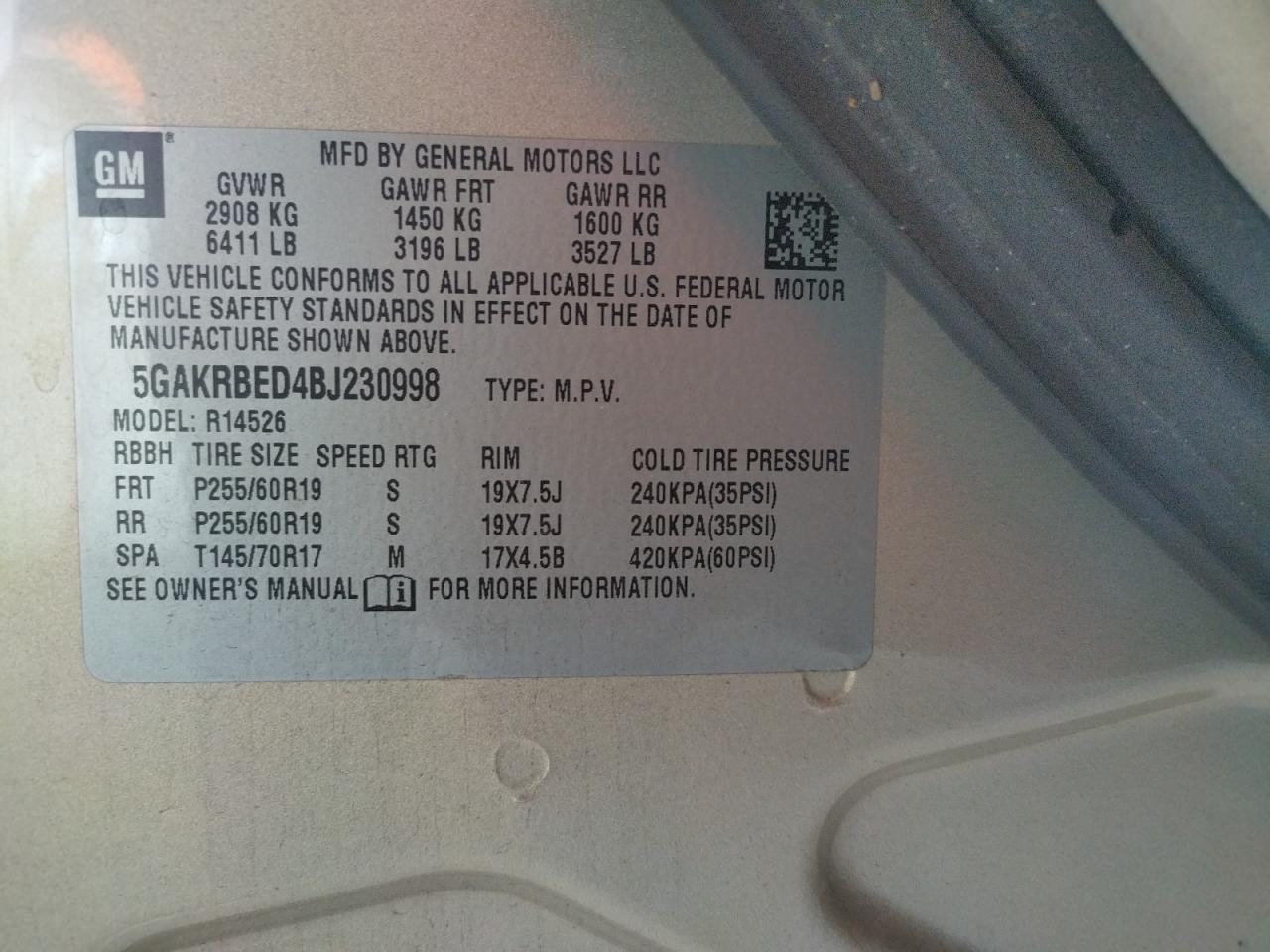 Photo 10 from auction – 2011 BUICK ENCLAVE CX with VIN 5GAKRBED4BJ230998