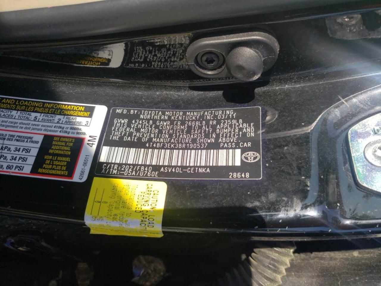 Photo 10 from auction – 2011 TOYOTA CAMRY BASE with VIN 4T4BF3EK3BR190537