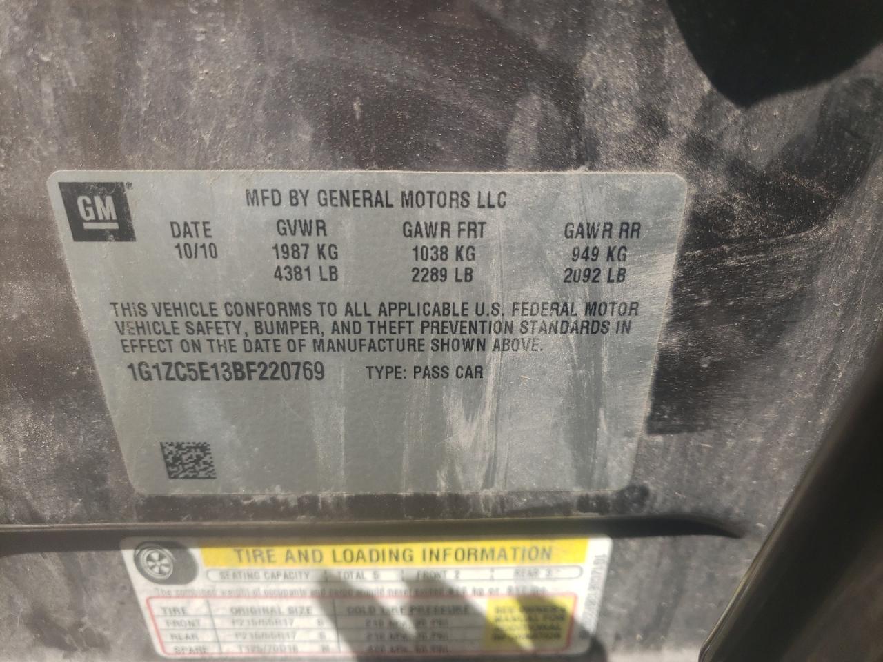 Photo 10 from auction – 2011 CHEVROLET MALIBU 1LT with VIN 1G1ZC5E13BF220769