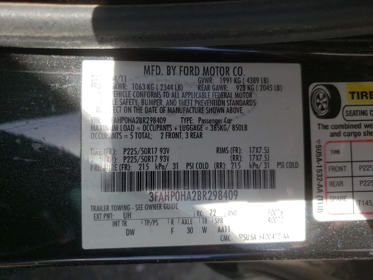 Photo 10 from auction – 2011 FORD FUSION SE with VIN 3FAHP0HA2BR298409