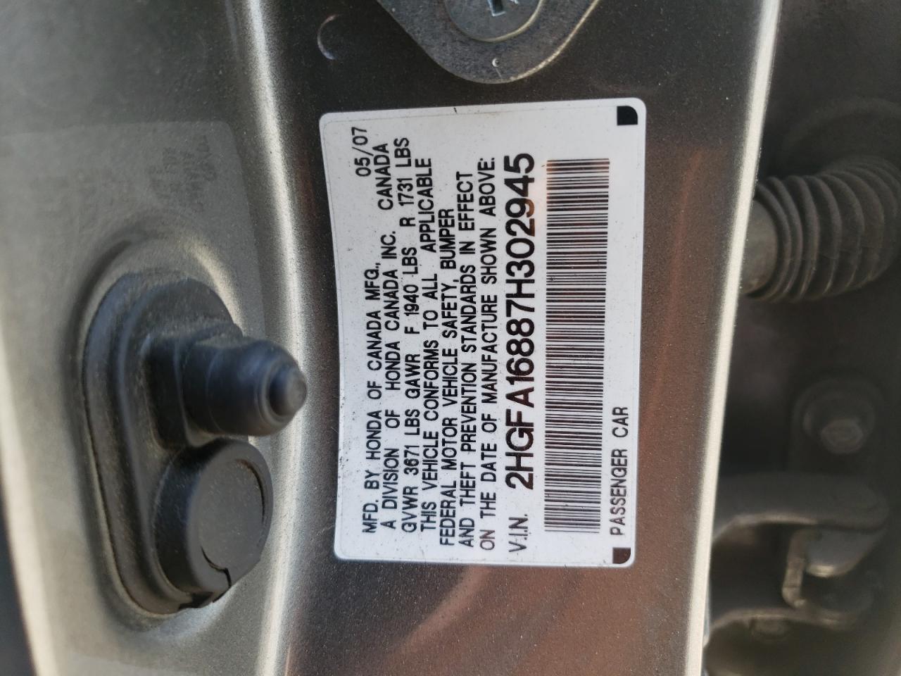 Photo 10 from auction – 2007 HONDA CIVIC EX with VIN 2HGFA16887H302945