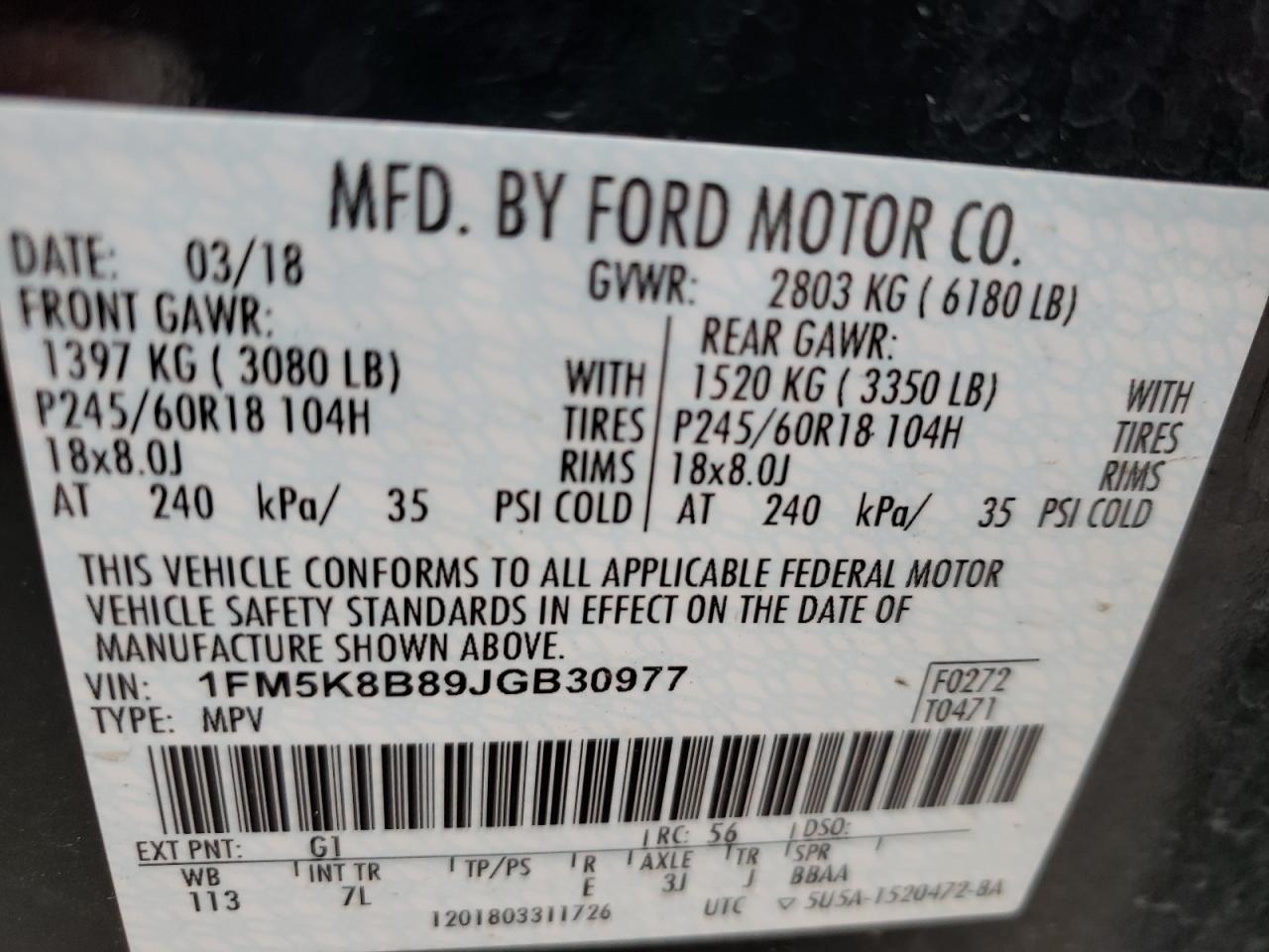 Photo 10 from auction – 2018 FORD EXPLORER with VIN 1FM5K8B89JGB30977