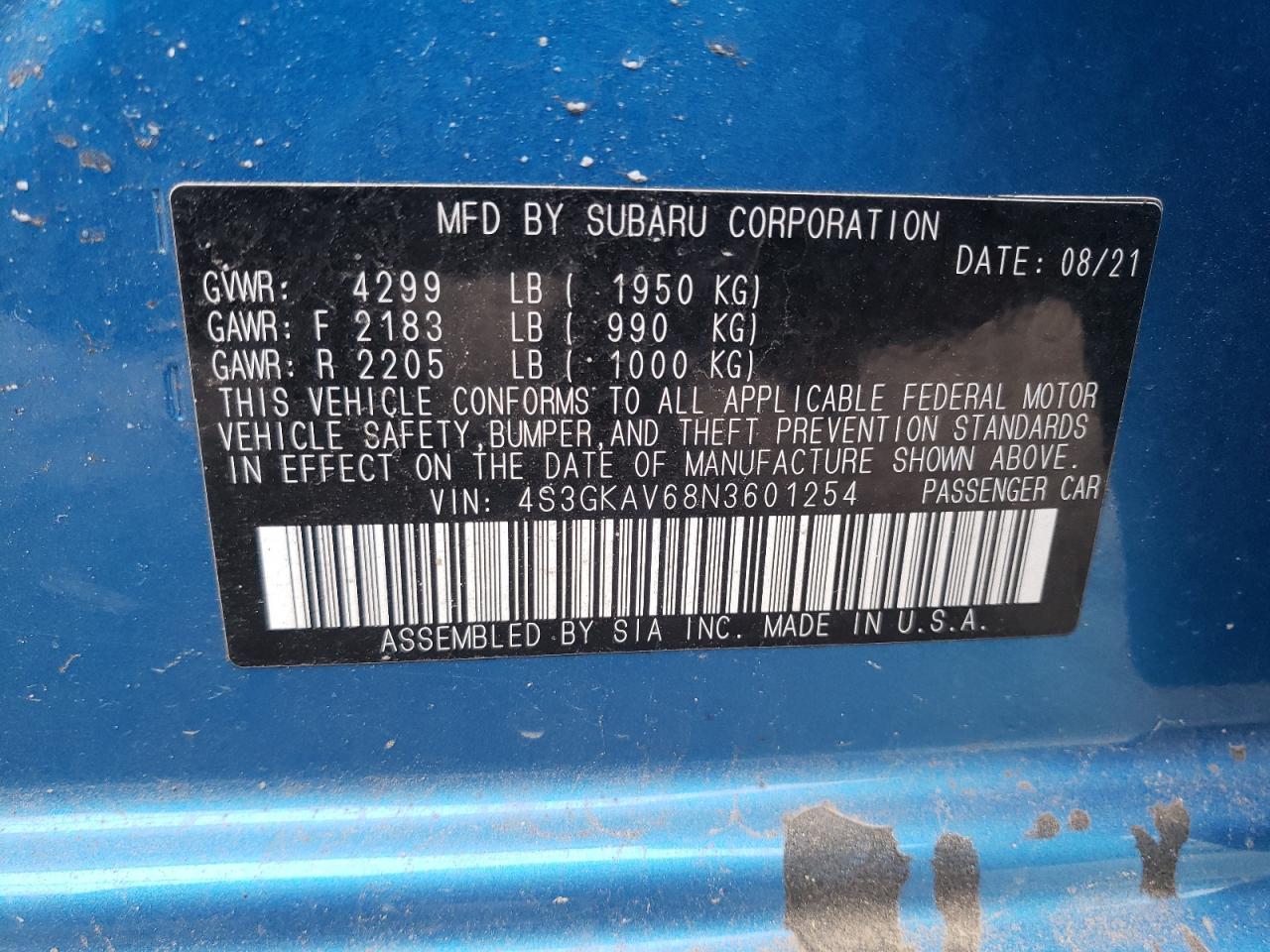 Photo 10 from auction – 2022 SUBARU IMPREZA PR with VIN 4S3GKAV68N3601254