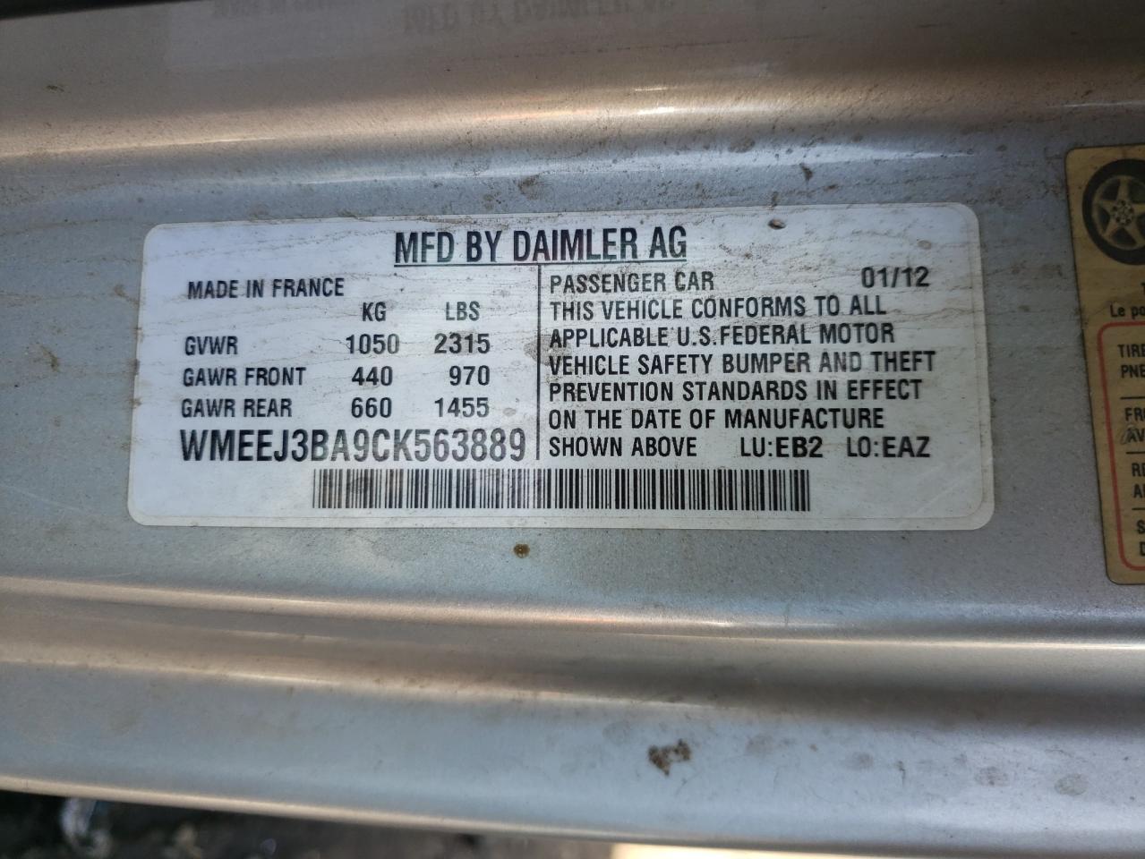 Photo 10 from auction – 2012 SMART FORTWO PUR with VIN WMEEJ3BA9CK563889