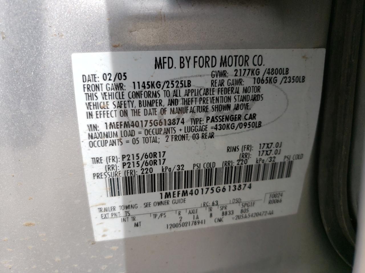 Photo 10 from auction – 2005 MERCURY MONTEGO LU with VIN 1MEFM40175G613874