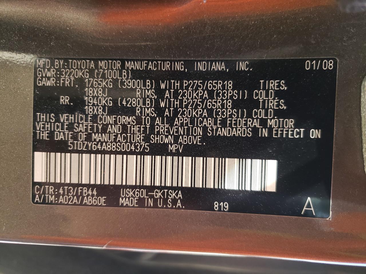 Photo 10 from auction – 2008 TOYOTA SEQUOIA SR with VIN 5TDZY64A88S004375