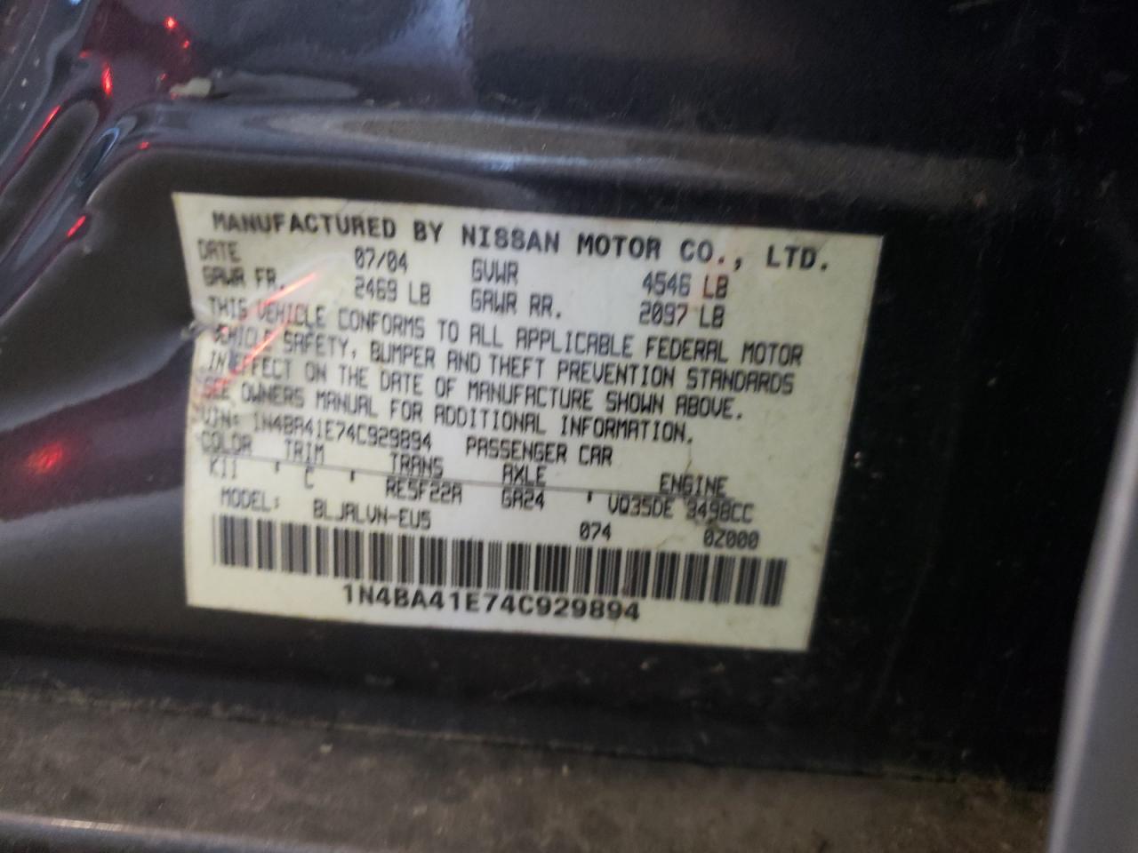 Zdjęcie 10 z aukcji – 2004 NISSAN MAXIMA z VIN 1N4BA41E74C929894