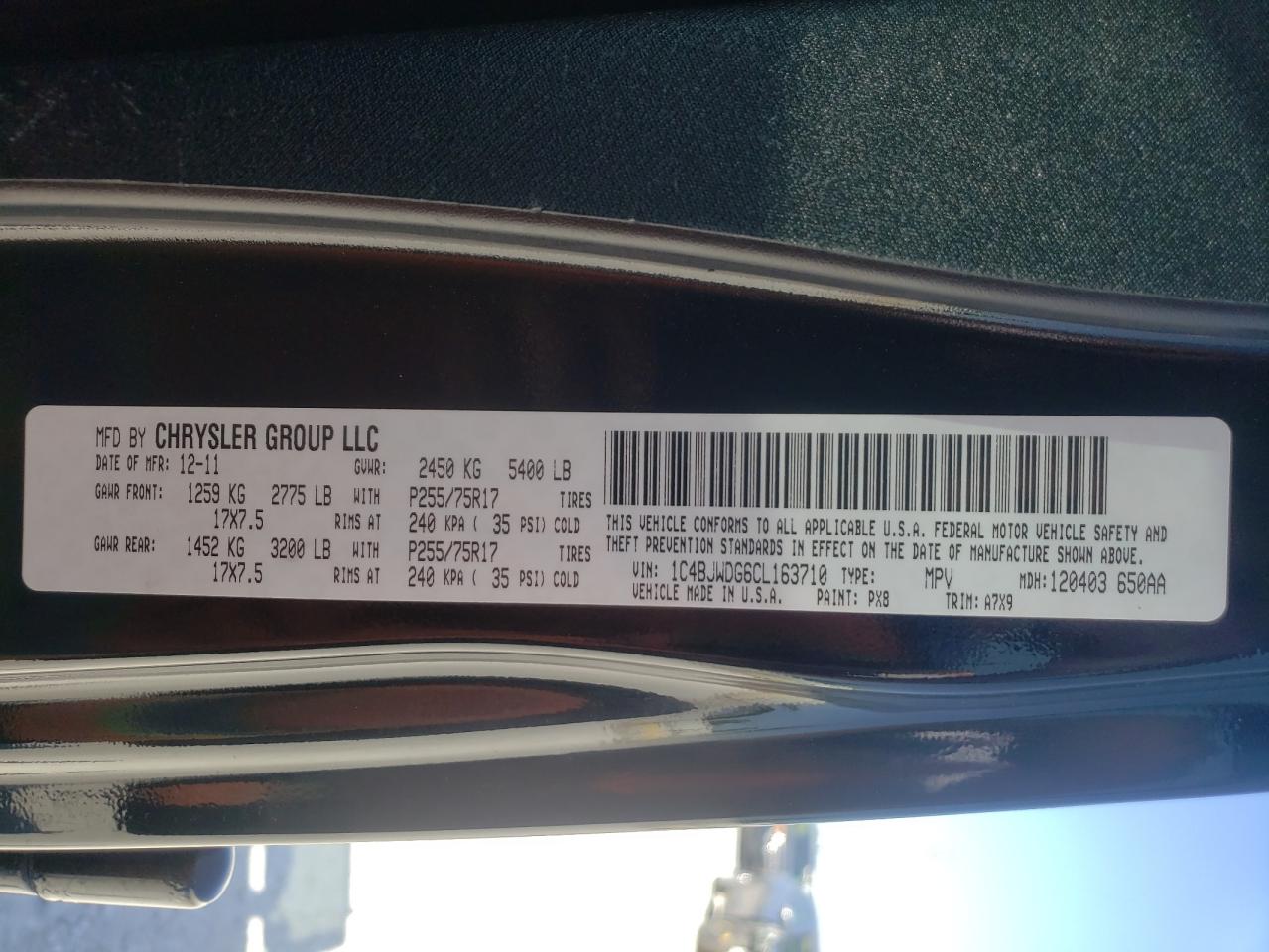 Photo 10 from auction – 2012 JEEP WRANGLER U with VIN 1C4BJWDG6CL163710