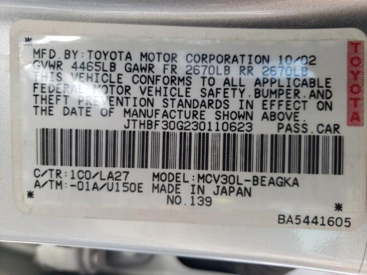 Photo 10 from auction – 2003 LEXUS ES 300 with VIN JTHBF30G230110623