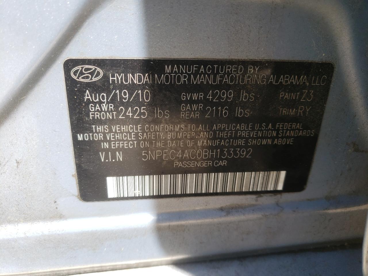 Zdjęcie 10 z aukcji – 2011 HYUNDAI SONATA SE z VIN 5NPEC4AC0BH133392