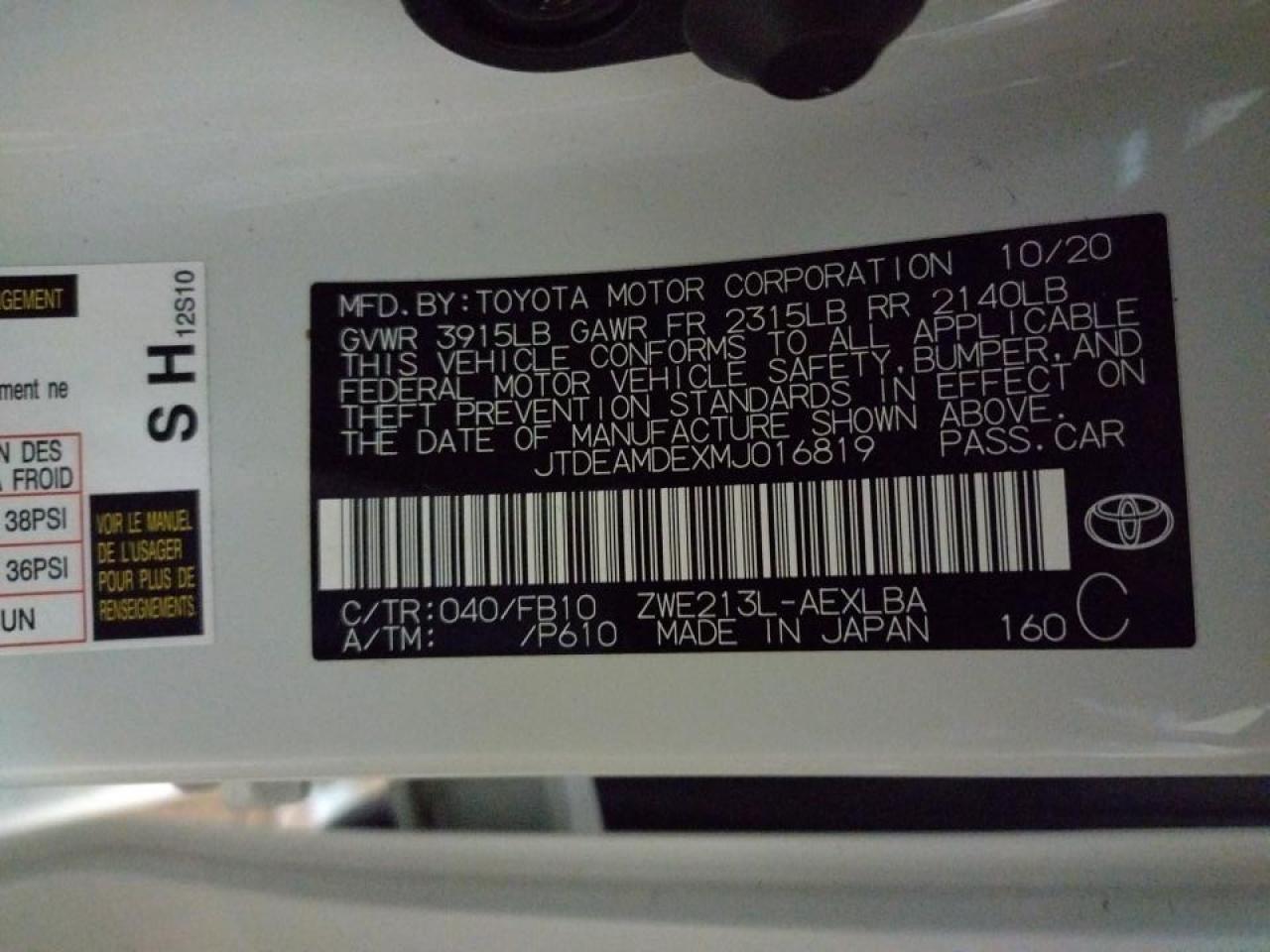 Photo 10 from auction – 2021 TOYOTA COROLLA LE with VIN JTDEAMDEXMJ016819