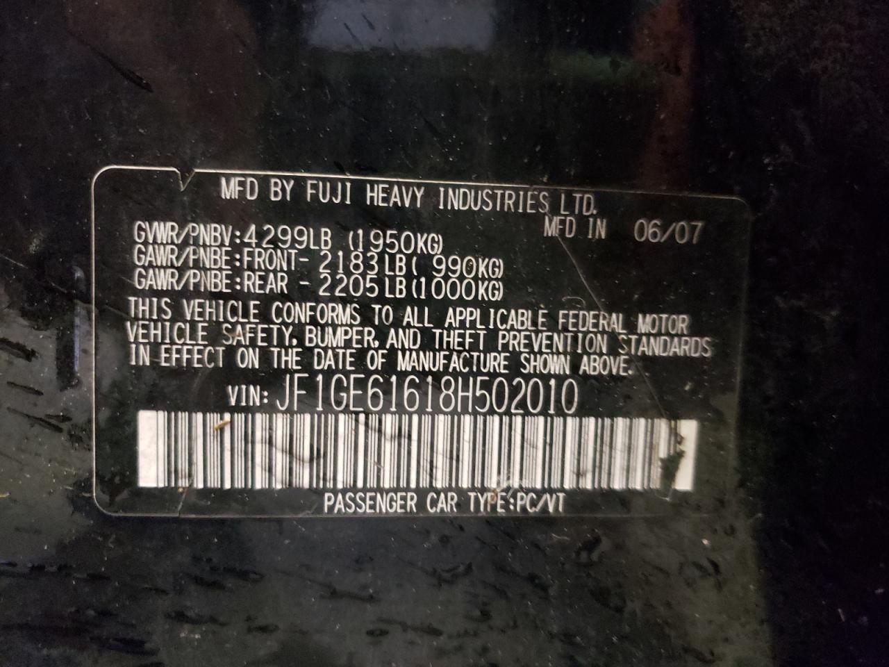 Photo 10 from auction – 2008 SUBARU IMPREZA 2. with VIN JF1GE61618H502010
