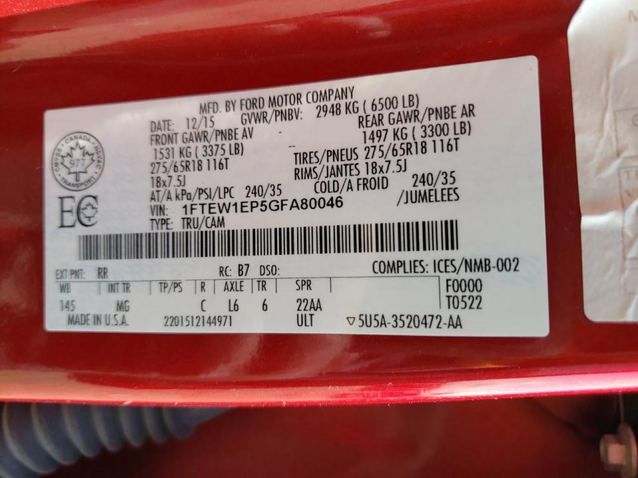 Photo 10 from auction – 2016 FORD F150 SUPER with VIN 1FTEW1EP5GFA80046