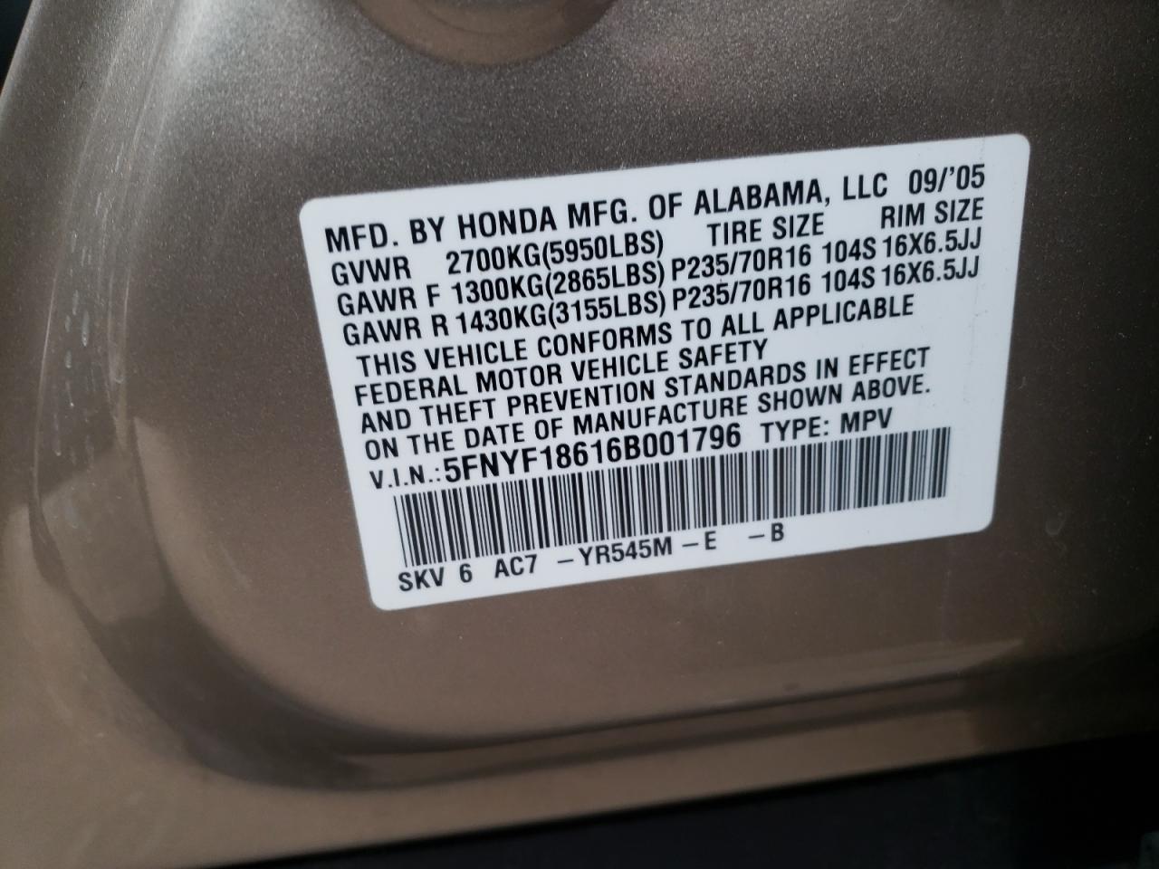 Photo 10 from auction – 2006 HONDA PILOT EX with VIN 5FNYF18616B001796