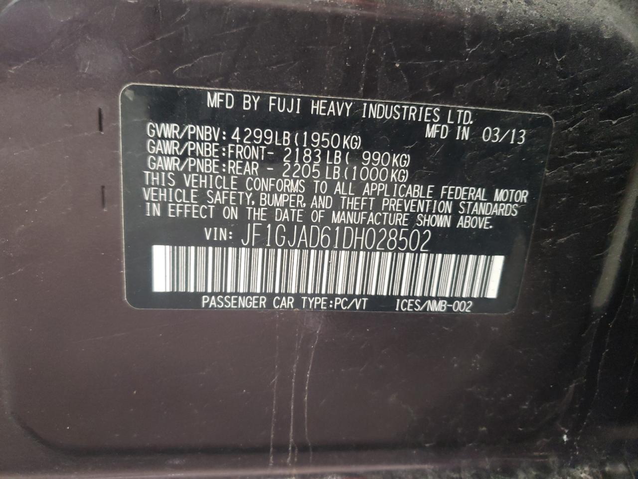صورة رقم 10 من المزاد - 2013 SUBARU IMPREZA PR مع VIN JF1GJAD61DH028502