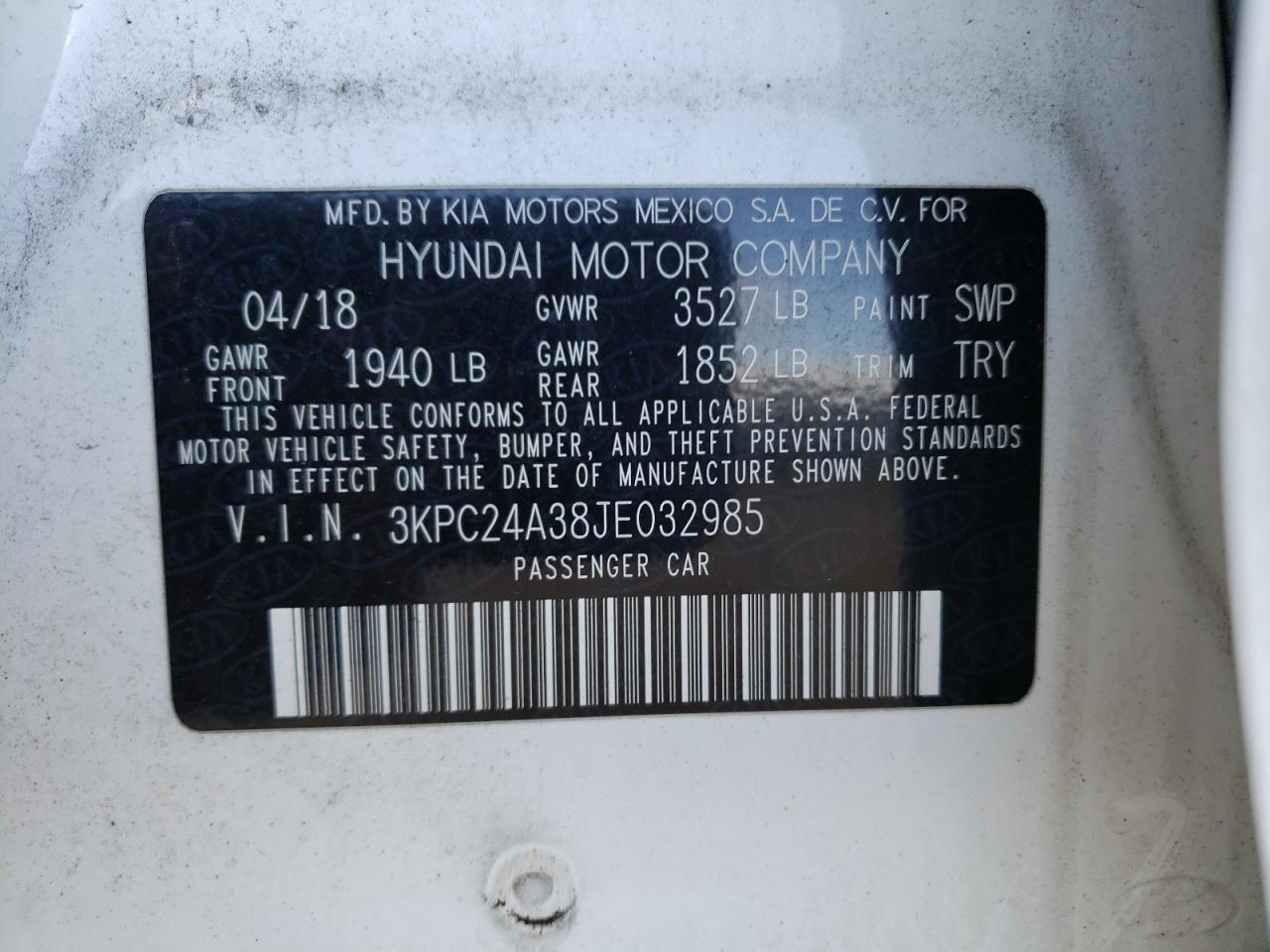 Photo 10 from auction – 2018 HYUNDAI ACCENT SE with VIN 3KPC24A38JE032985