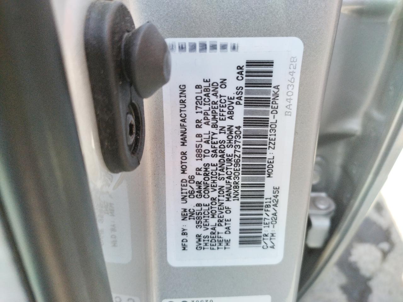 Photo 10 from auction – 2006 TOYOTA COROLLA CE with VIN 1NXBR30E96Z737304