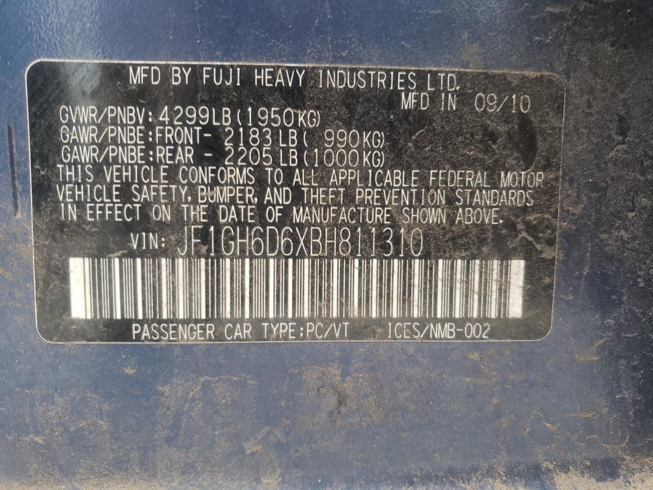 Photo 10 from auction – 2011 SUBARU IMPREZA OU with VIN JF1GH6D6XBH811310