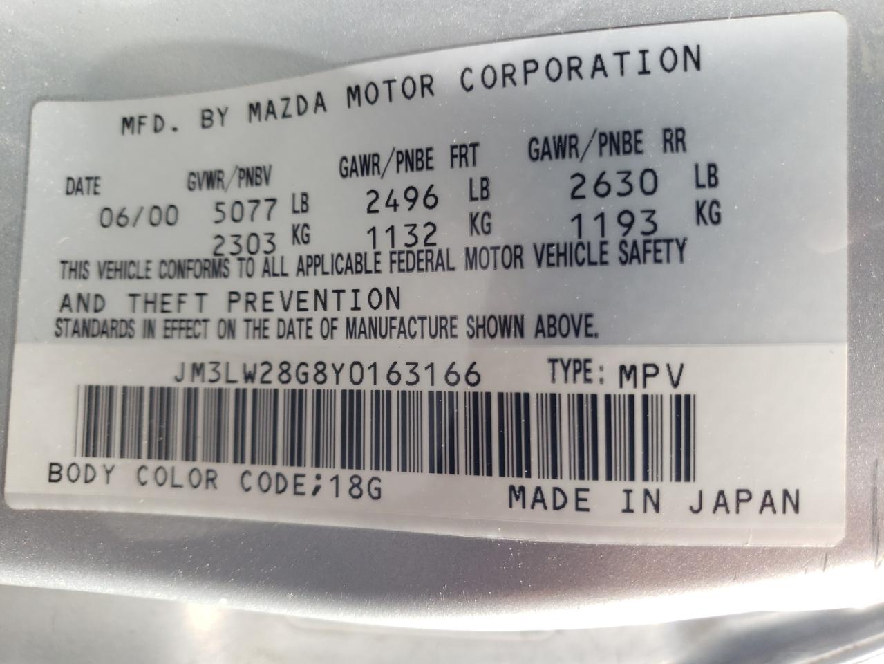 Photo 10 from auction – 2000 MAZDA MPV WAGON with VIN JM3LW28G8Y0163166