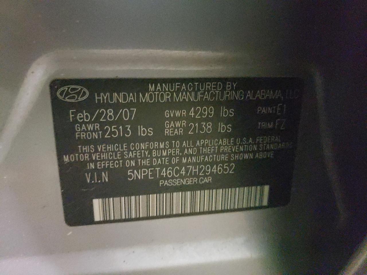 Photo 10 from auction – 2007 HYUNDAI SONATA GLS with VIN 5NPET46C47H294652