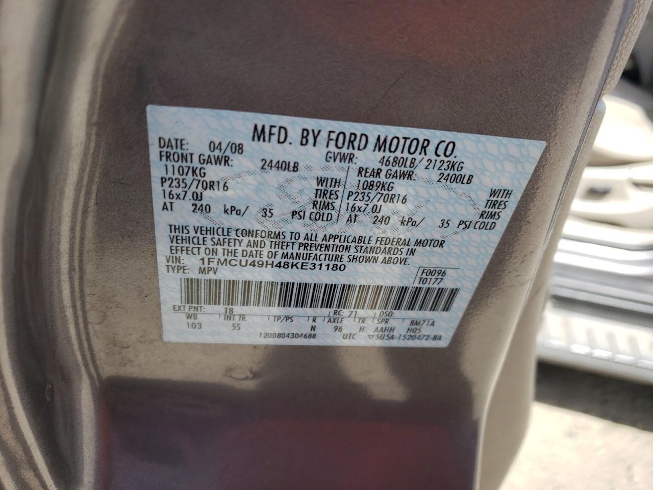 Photo 10 from auction – 2008 FORD ESCAPE HEV with VIN 1FMCU49H48KE31180