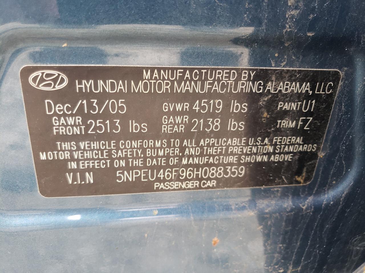 Photo 10 from auction – 2006 HYUNDAI SONATA GLS with VIN 5NPEU46F96H088359