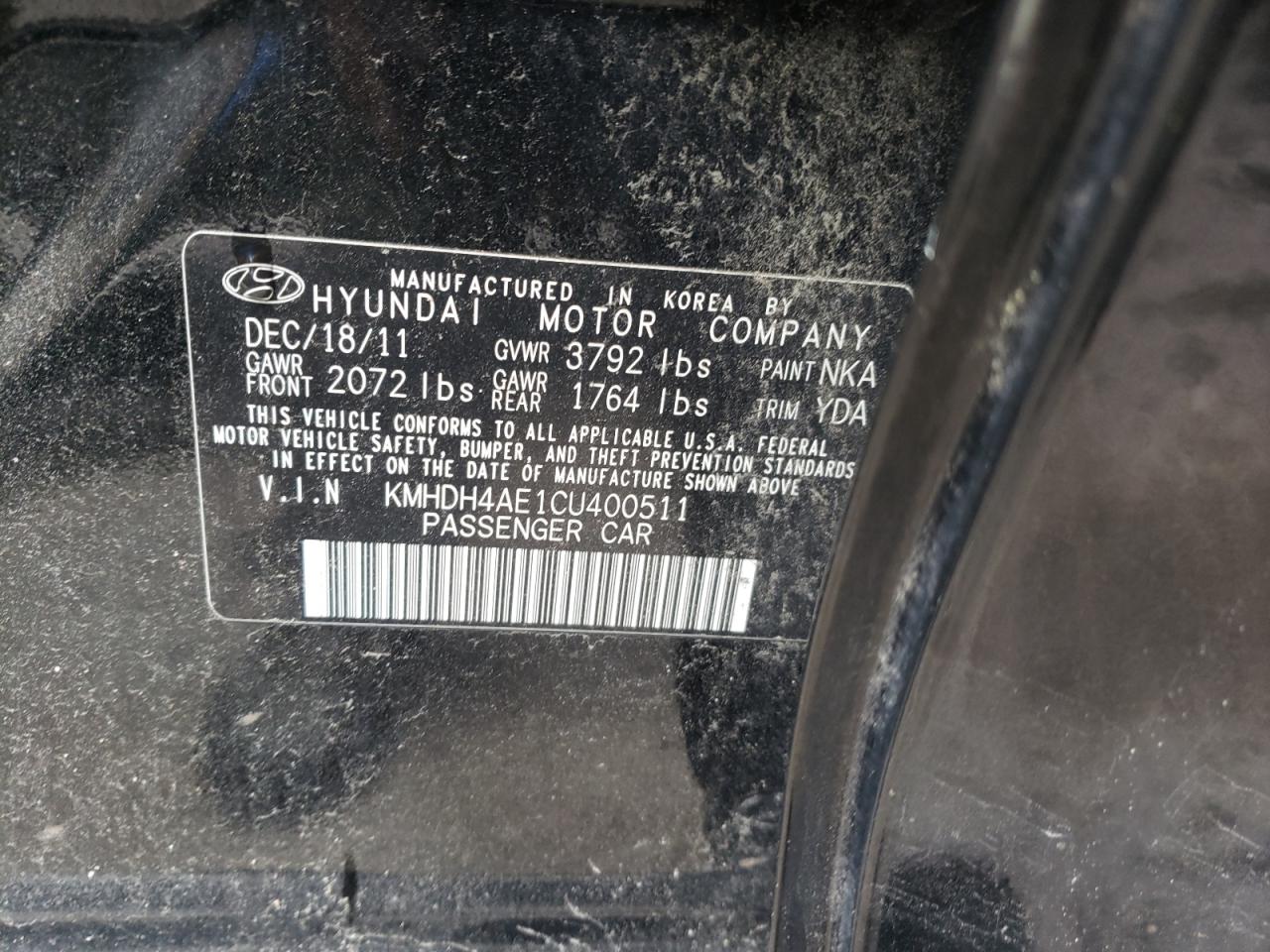 Photo 10 from auction – 2012 HYUNDAI ELANTRA GL with VIN KMHDH4AE1CU400511