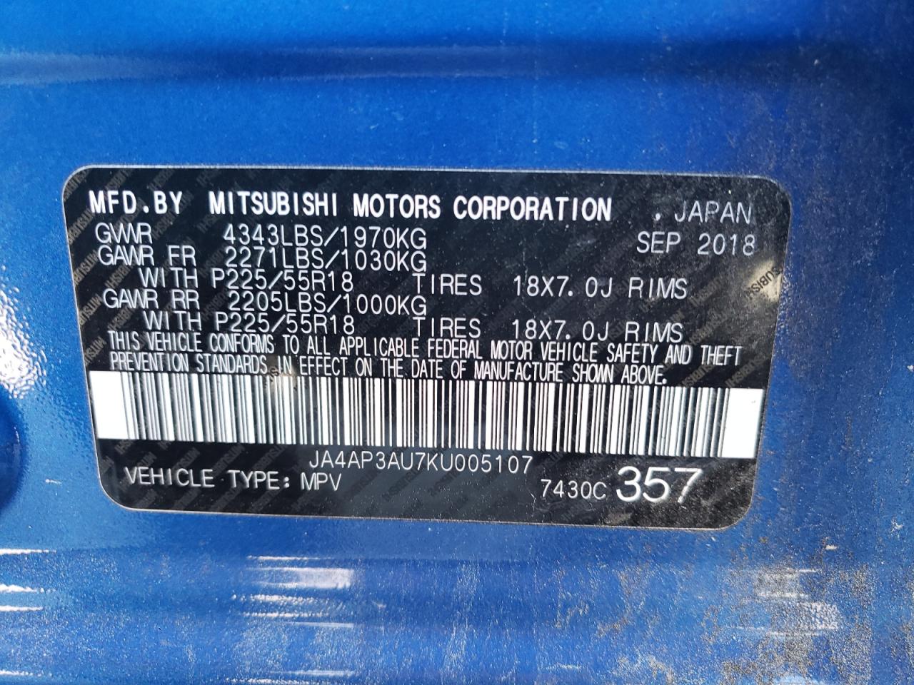 Photo 10 from auction – 2019 MITSUBISHI OUTLANDER with VIN JA4AP3AU7KU005107