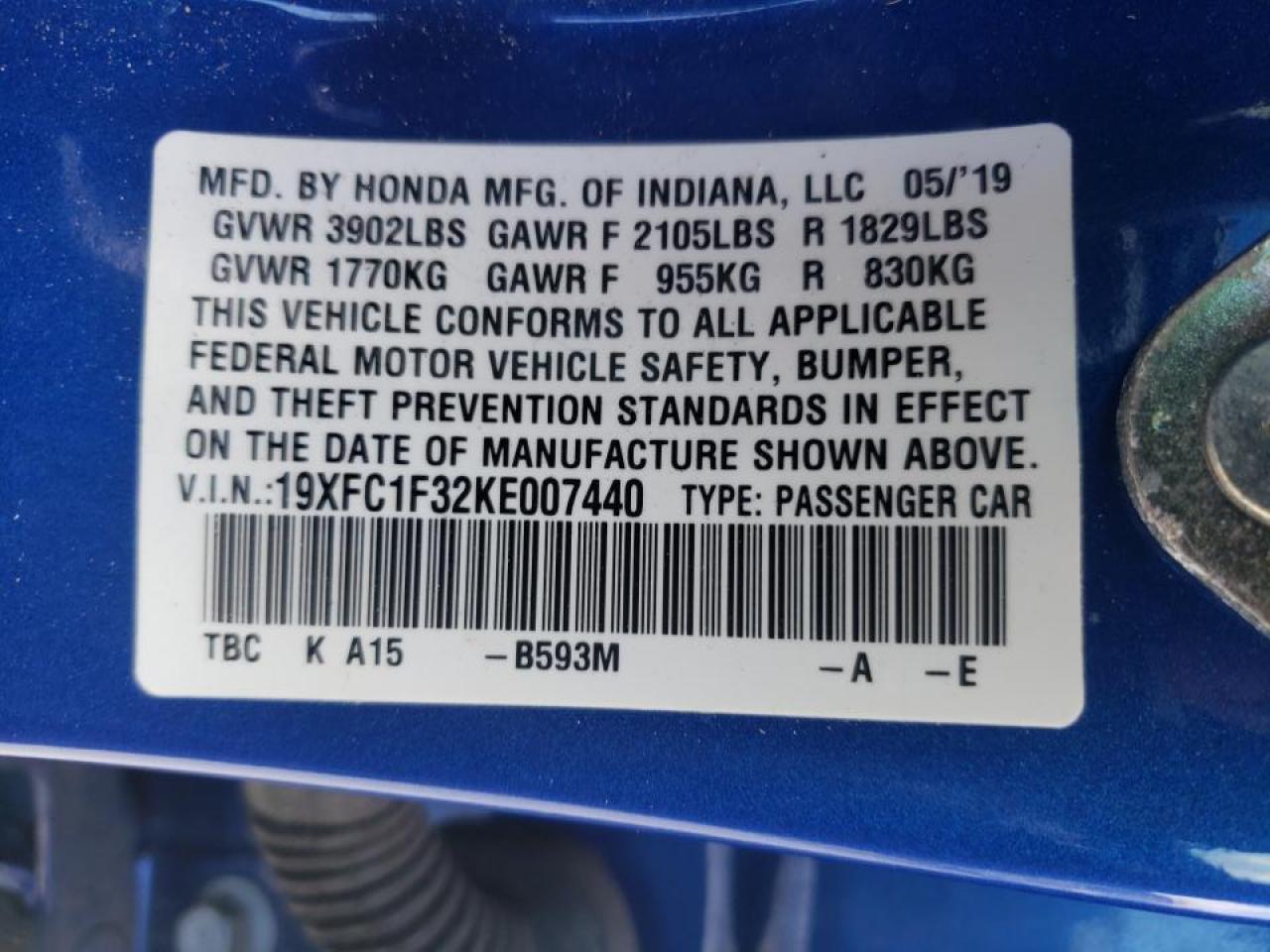 Photo 10 from auction – 2019 HONDA CIVIC EX with VIN 19XFC1F32KE007440