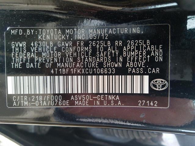 Photo 10 from auction – 2012 TOYOTA CAMRY BASE with VIN 4T1BF1FKXCU106633