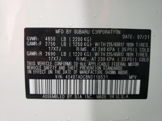 Photo 10 from auction – 2022 SUBARU OUTBACK PR with VIN 4S4BTADC8N3118521