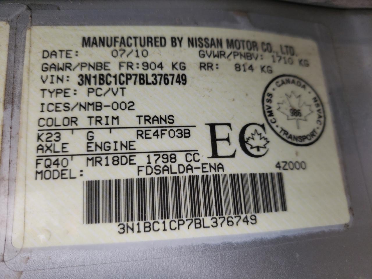 Photo 10 from auction – 2011 NISSAN VERSA S with VIN 3N1BC1CP7BL376749