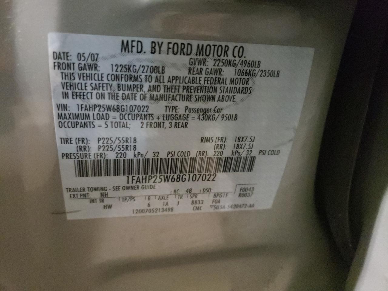 Photo 10 from auction – 2008 FORD TAURUS LIM with VIN 1FAHP25W68G107022