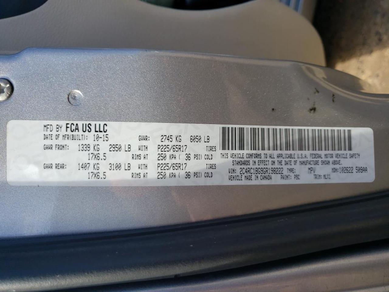 Photo 10 from auction – 2016 CHRYSLER TOWN & COU with VIN 2C4RC1BG9GR198222