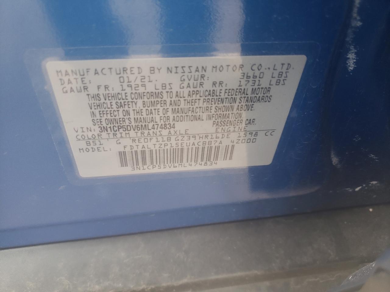Photo 10 from auction – 2021 NISSAN KICKS SR with VIN 3N1CP5DV6ML474834