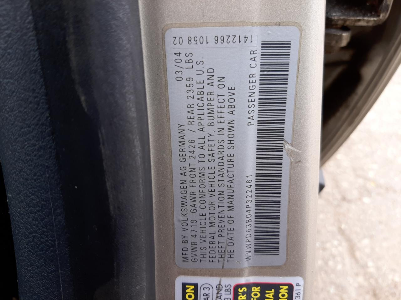 Photo 10 from auction – 2004 VOLKSWAGEN PASSAT GLS with VIN WVWPD63B04P322461
