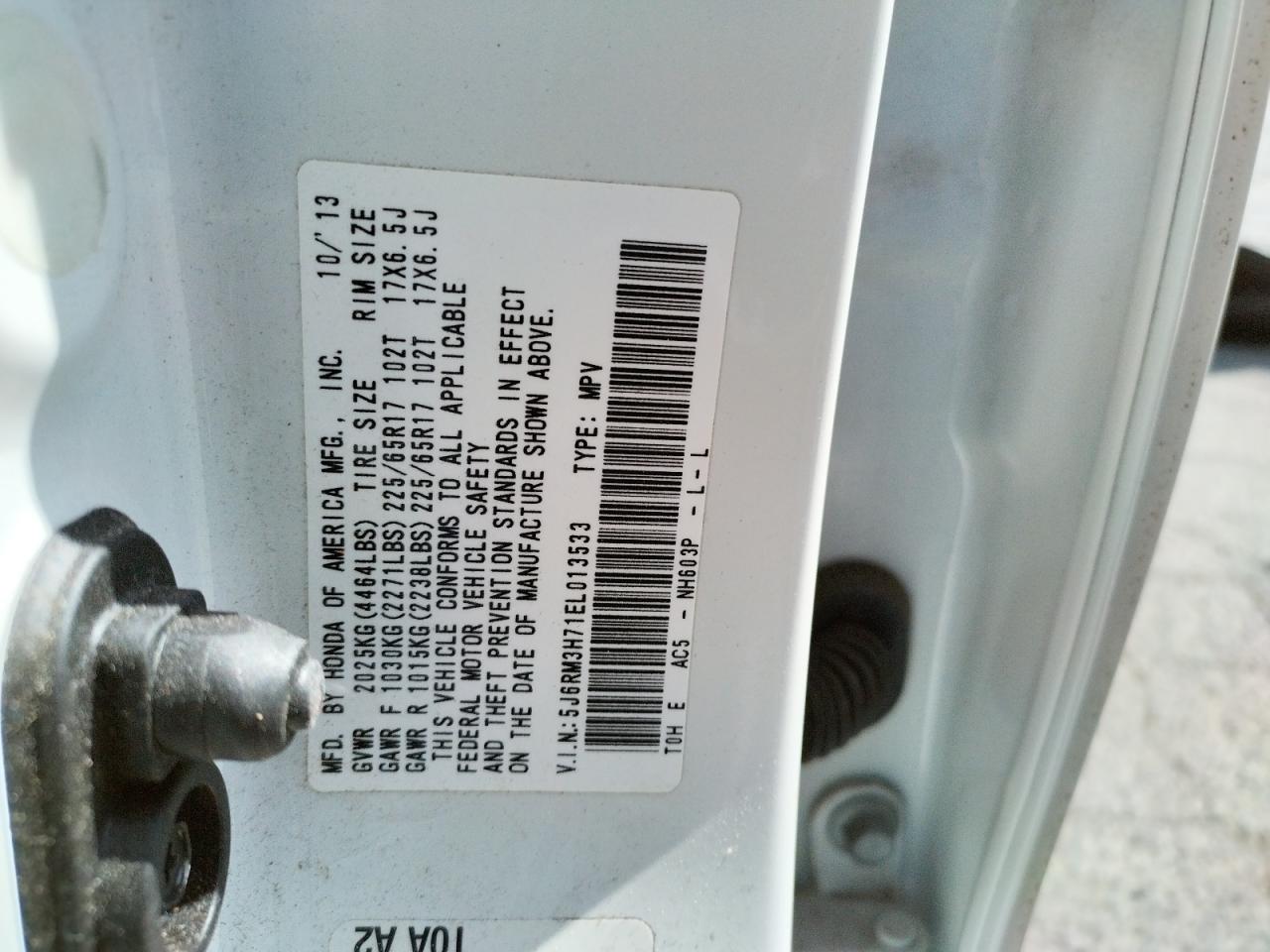 Photo 10 from auction – 2014 HONDA CR-V EXL with VIN 5J6RM3H71EL013533