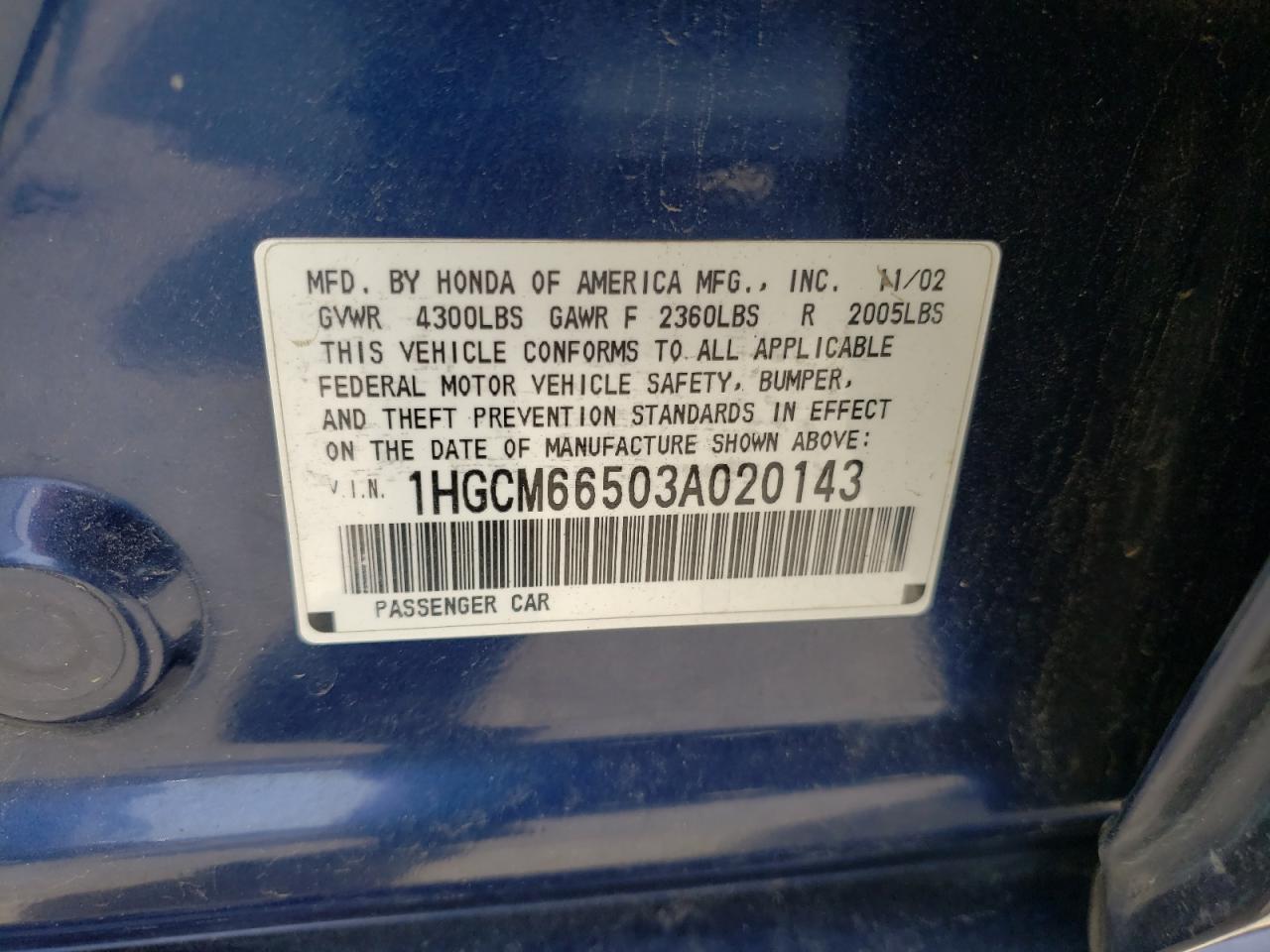 Photo 10 from auction – 2003 HONDA ACCORD EX with VIN 1HGCM66503A020143