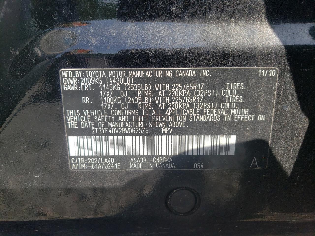 Photo 10 from auction – 2011 TOYOTA RAV4 LIMIT with VIN 2T3YF4DV2BW062576