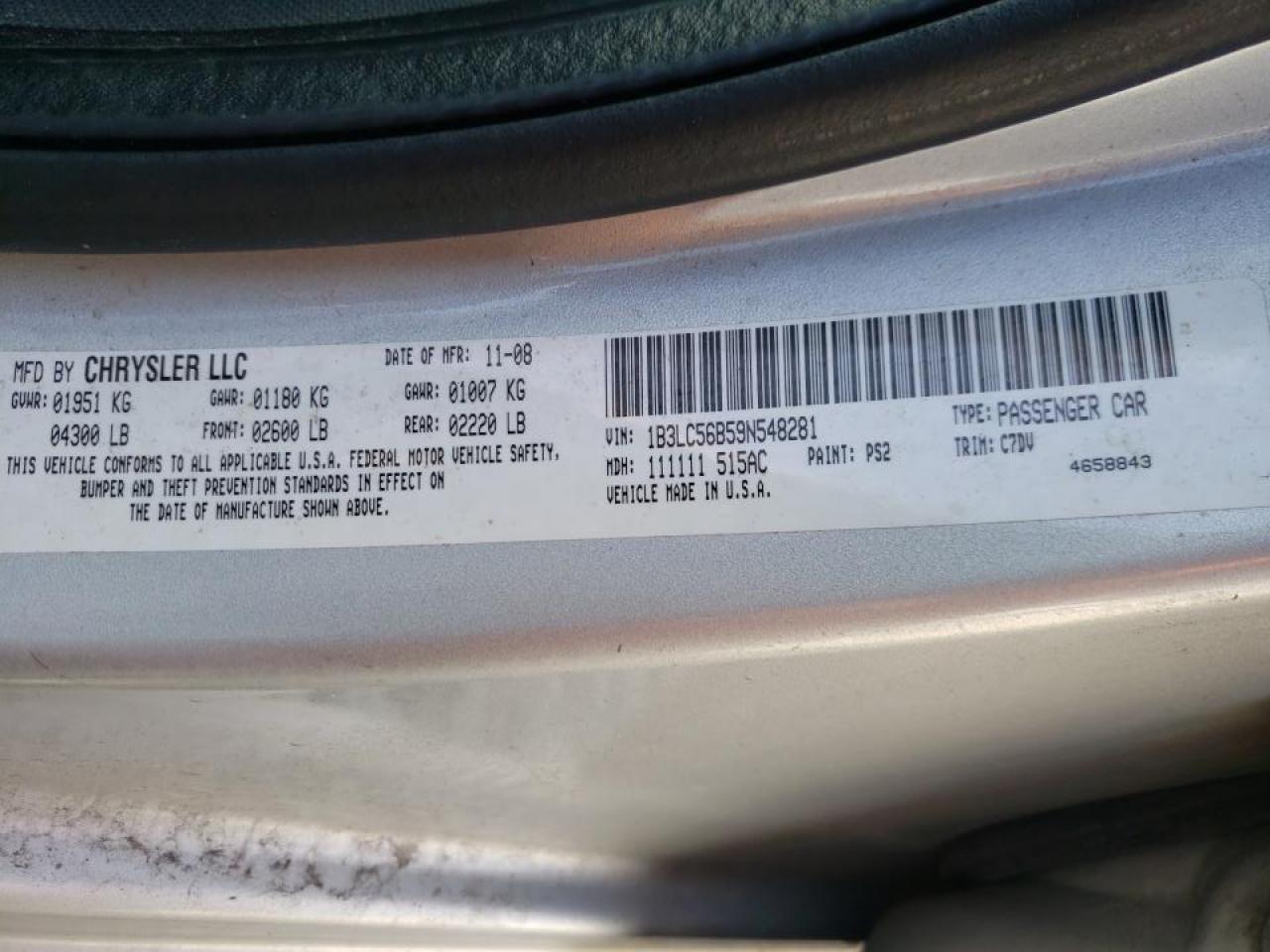 Photo 10 from auction – 2009 DODGE AVENGER SX with VIN 1B3LC56B59N548281