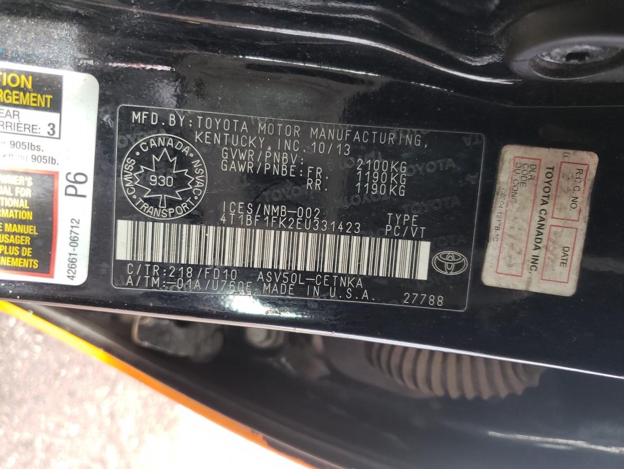Photo 10 from auction – 2014 TOYOTA CAMRY L with VIN 4T1BF1FK2EU331423